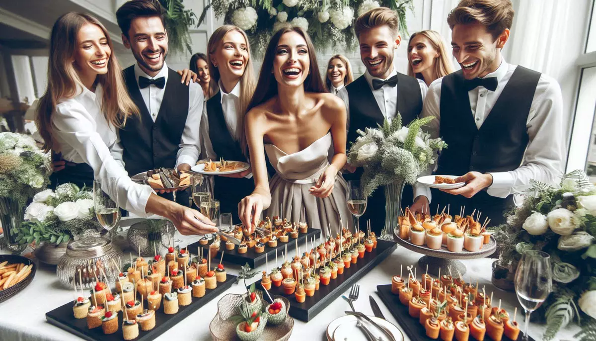 Happy people serving food from a luxury buffet in the wedding party