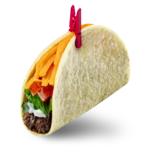 Mini beef soft taco with seasoned beef and fresh toppings in a soft tortilla