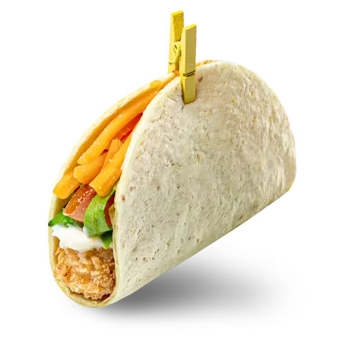 Mini chicken soft taco with crispy chicken and fresh toppings in a soft tortilla