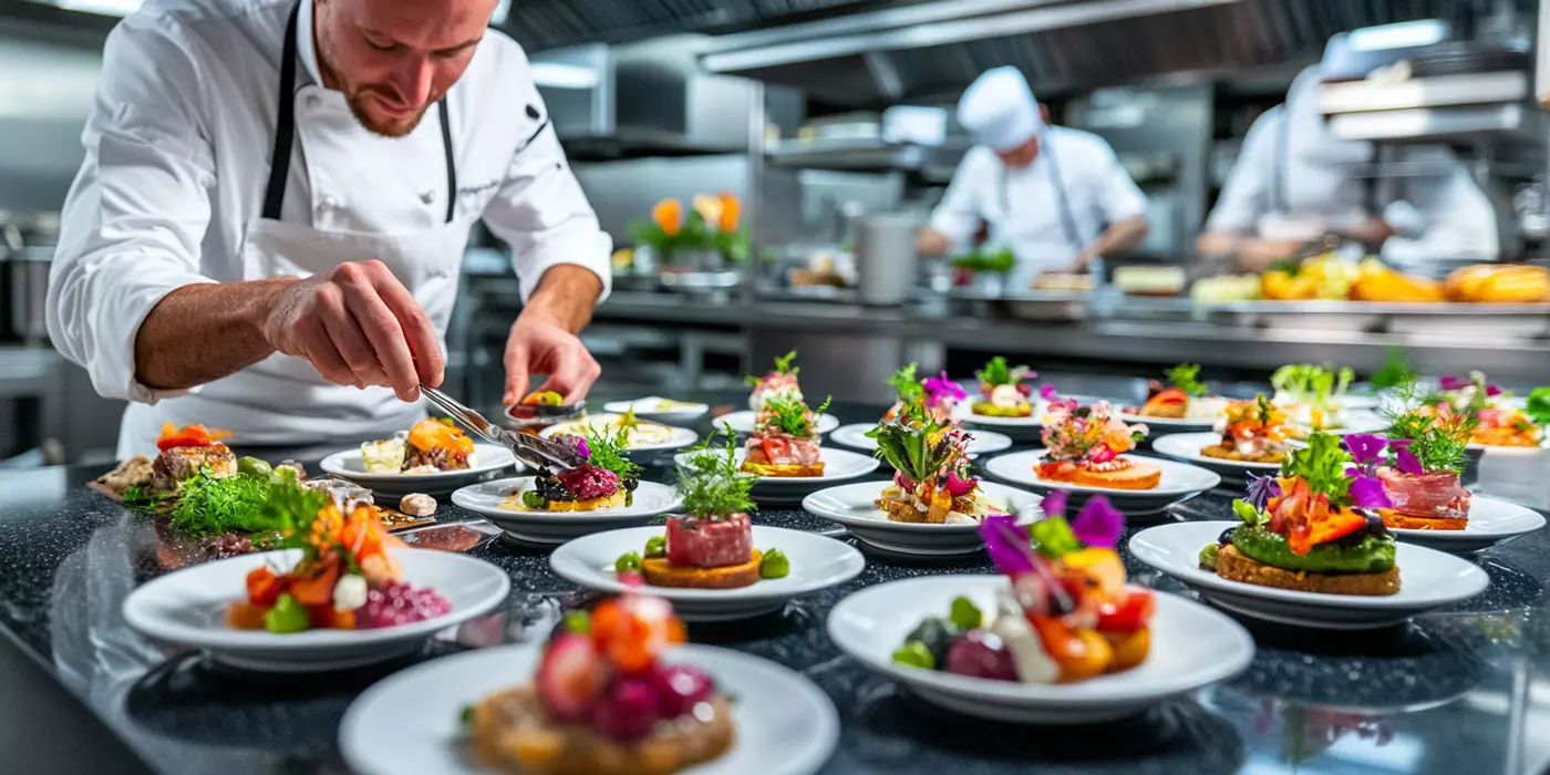 Chef preparing food at monfood's kitchen in London. Canapé and bite foods designed on the dishes.