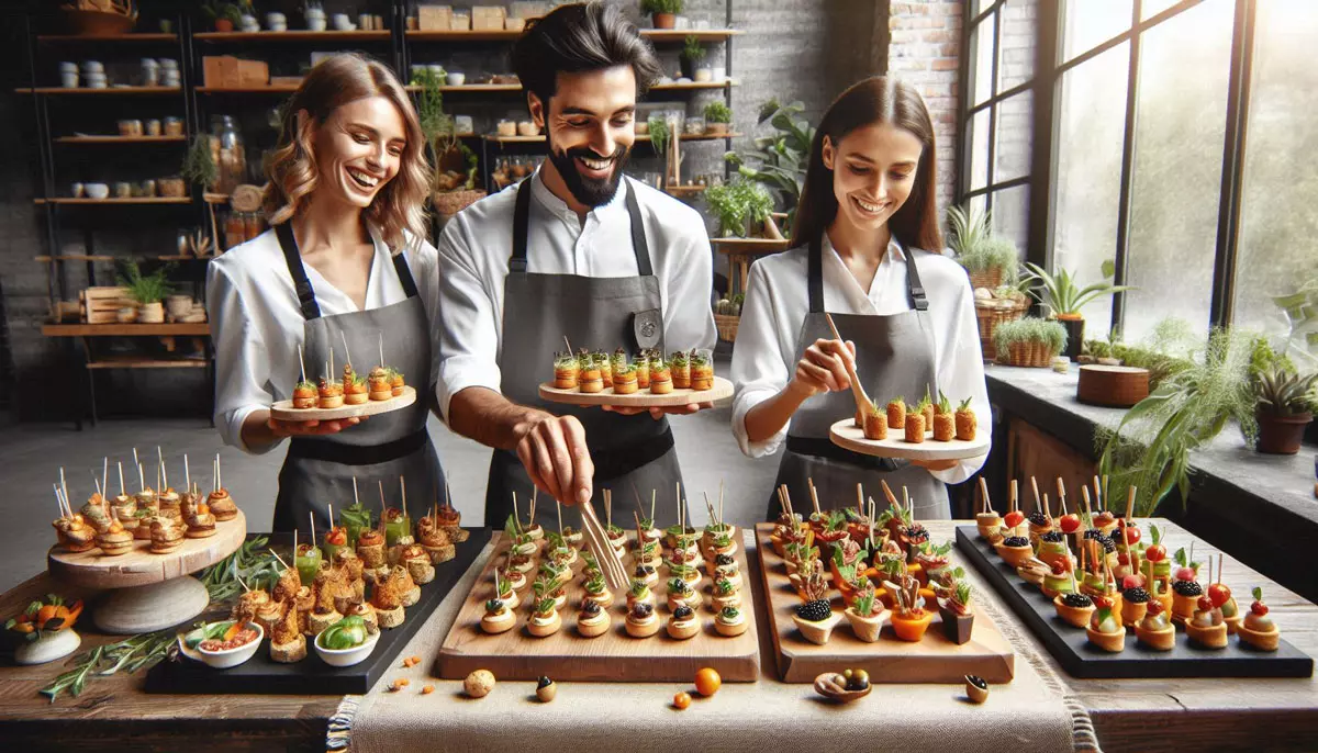 vegan healthy catering happy women and man serving food from the table