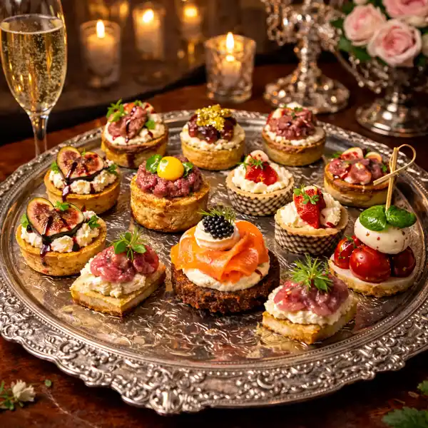 selection of premium party food canapés on a serving table