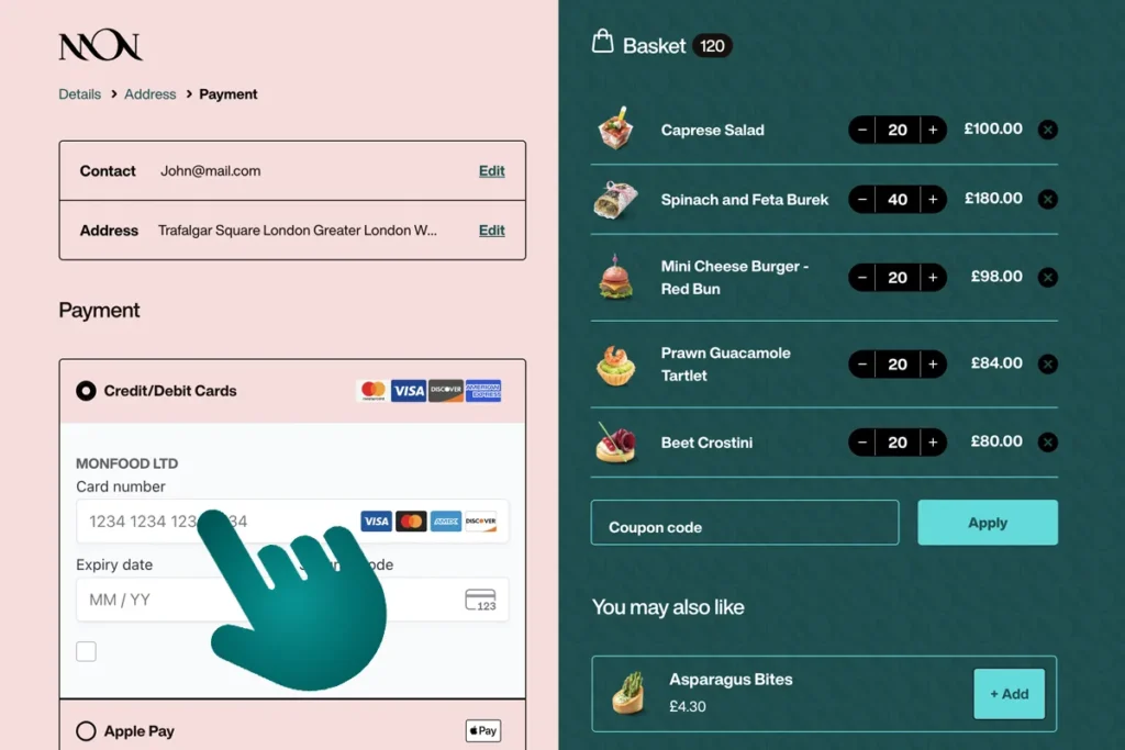 Screenshot showing the checkout step in the online party food ordering process for London delivery.