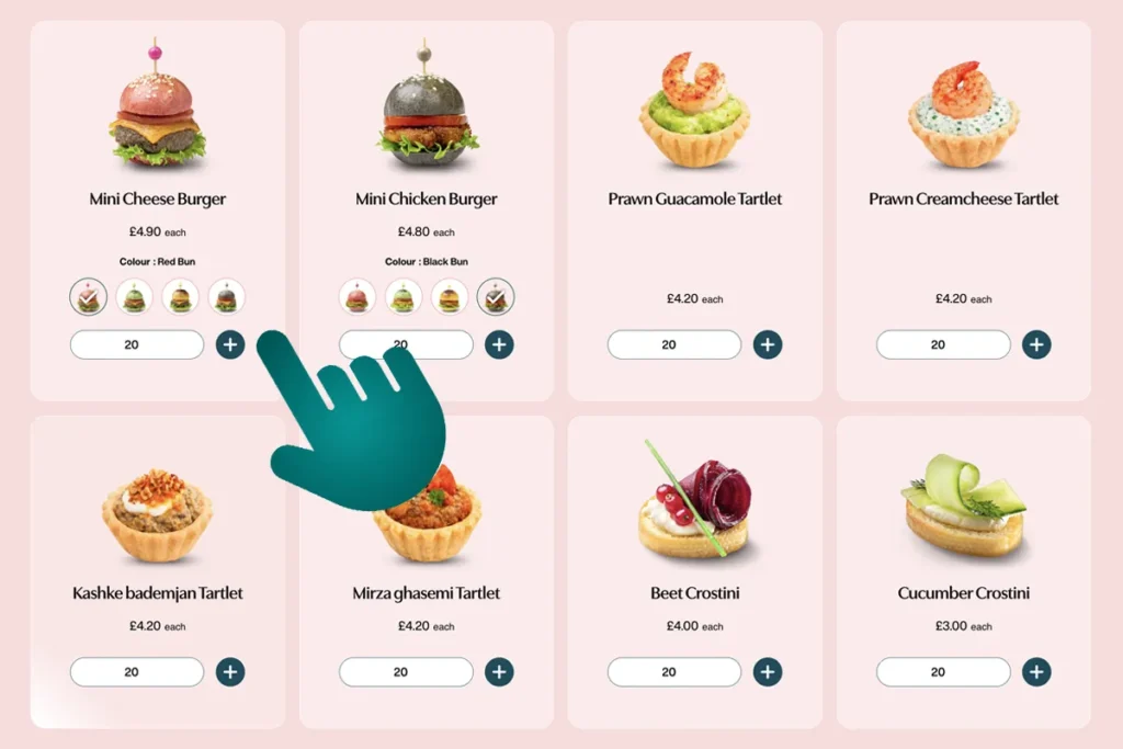 Screenshot showing the menu selection step where foods are chosen during the online party food ordering process for London delivery.