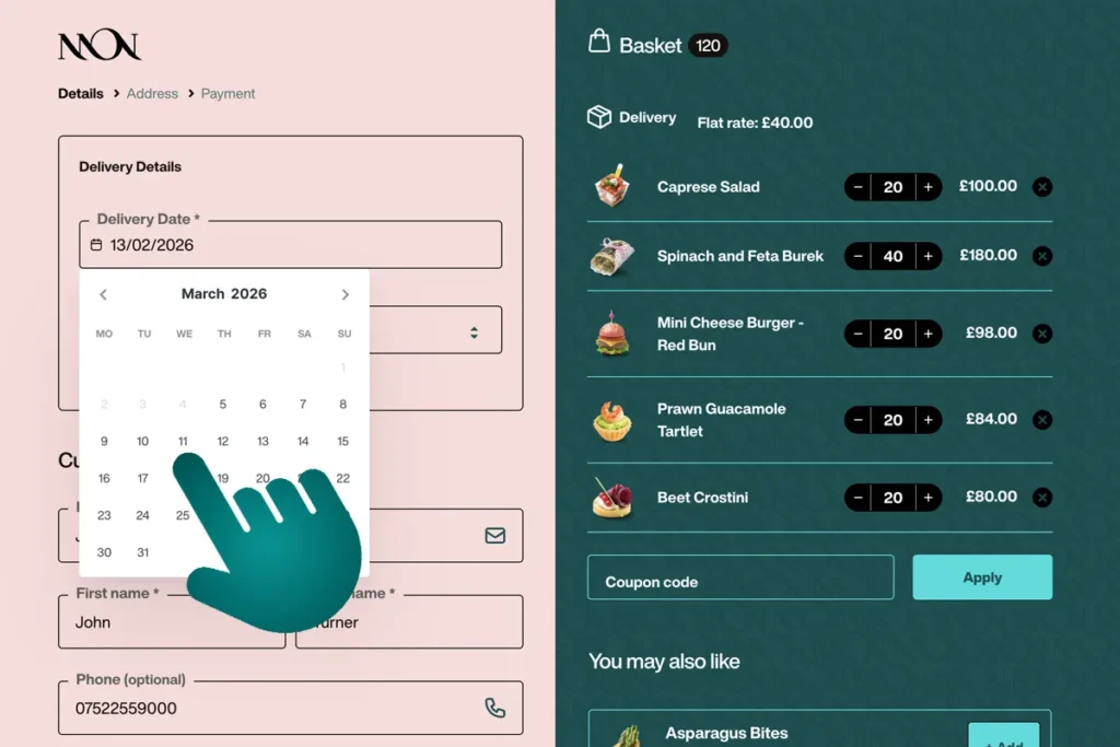 Screenshot showing the scheduling step where the delivery date and time are selected during the online party food ordering process for London delivery.